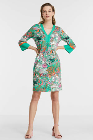 jurk Dress tropical paisley met paisleyprint en plooien groen/oranje/wit/roze