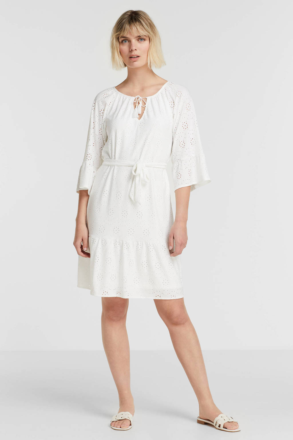Witte dames Esqualo A-lijn jurk Dress v neck broderie anglaise van polyester met driekwart mouwen en striksluiting