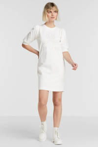 Witte dames Esqualo jurk Dress embroidery sweat detail van katoen met korte mouwen en ronde hals