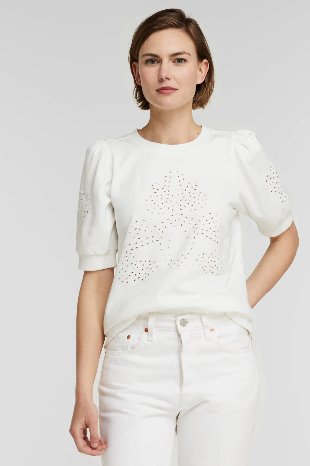 Witte dames Esqualo top Sweater embroidery s slve detail van katoen met korte mouwen en ronde hals