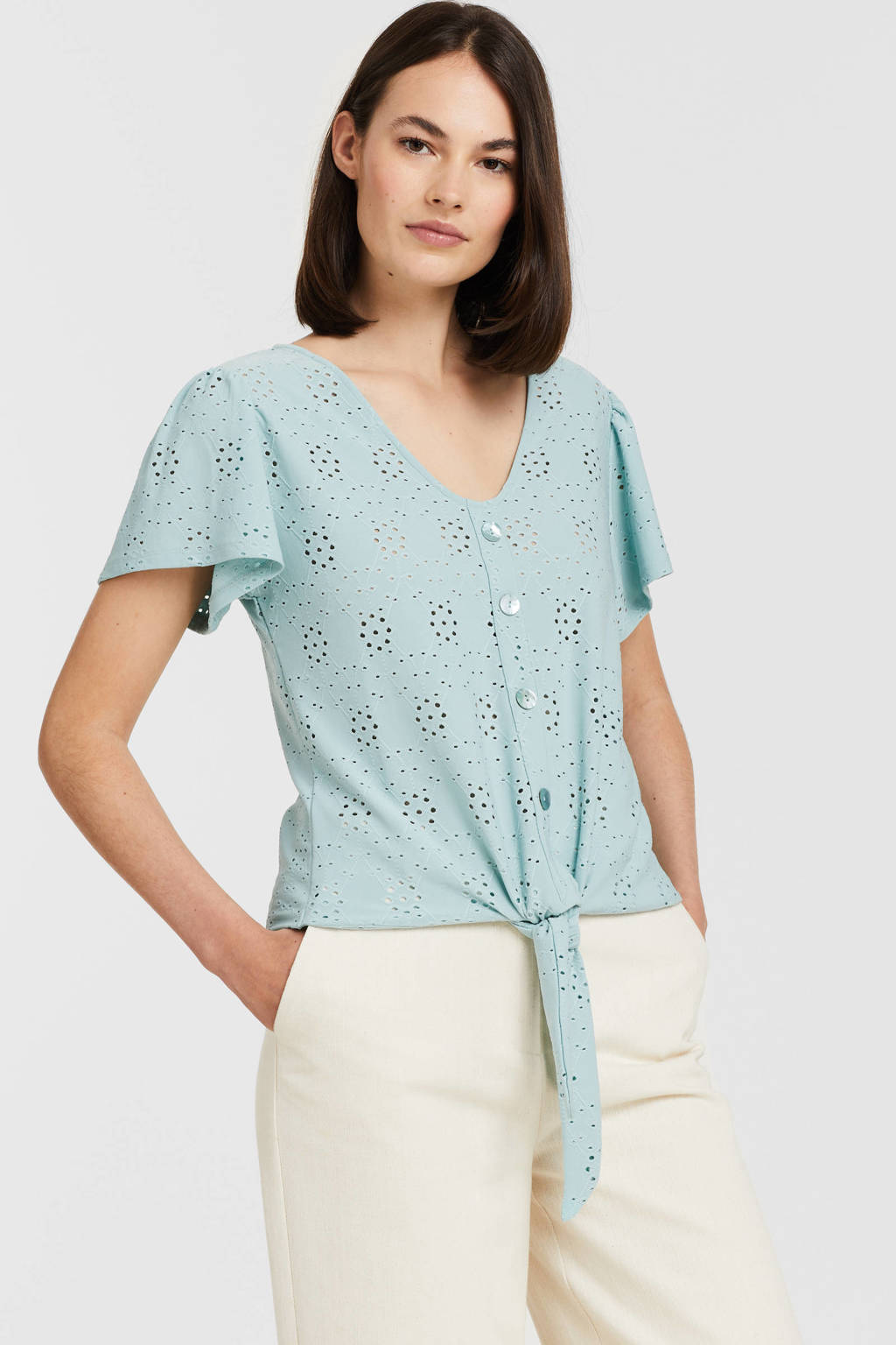 Turquoise dames Esqualo top Top Knot embroidery anglaise detail van polyester met korte mouwen en V-hals