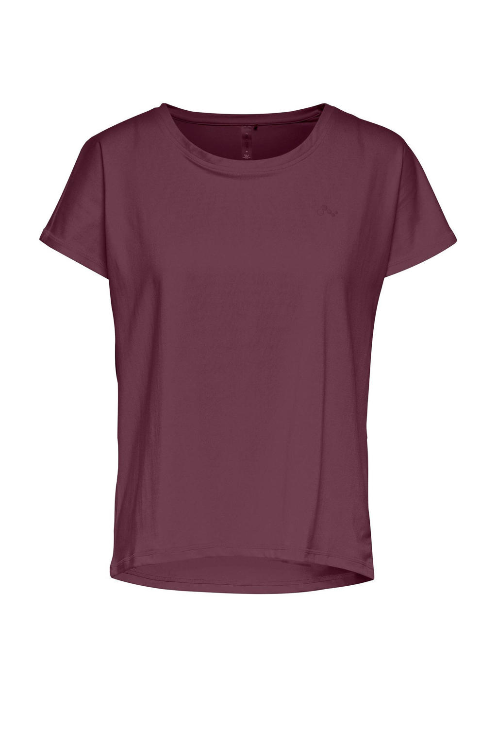 Donkerrode dames ONLY PLAY sport T-shirt met logo dessin, korte mouwen en ronde hals