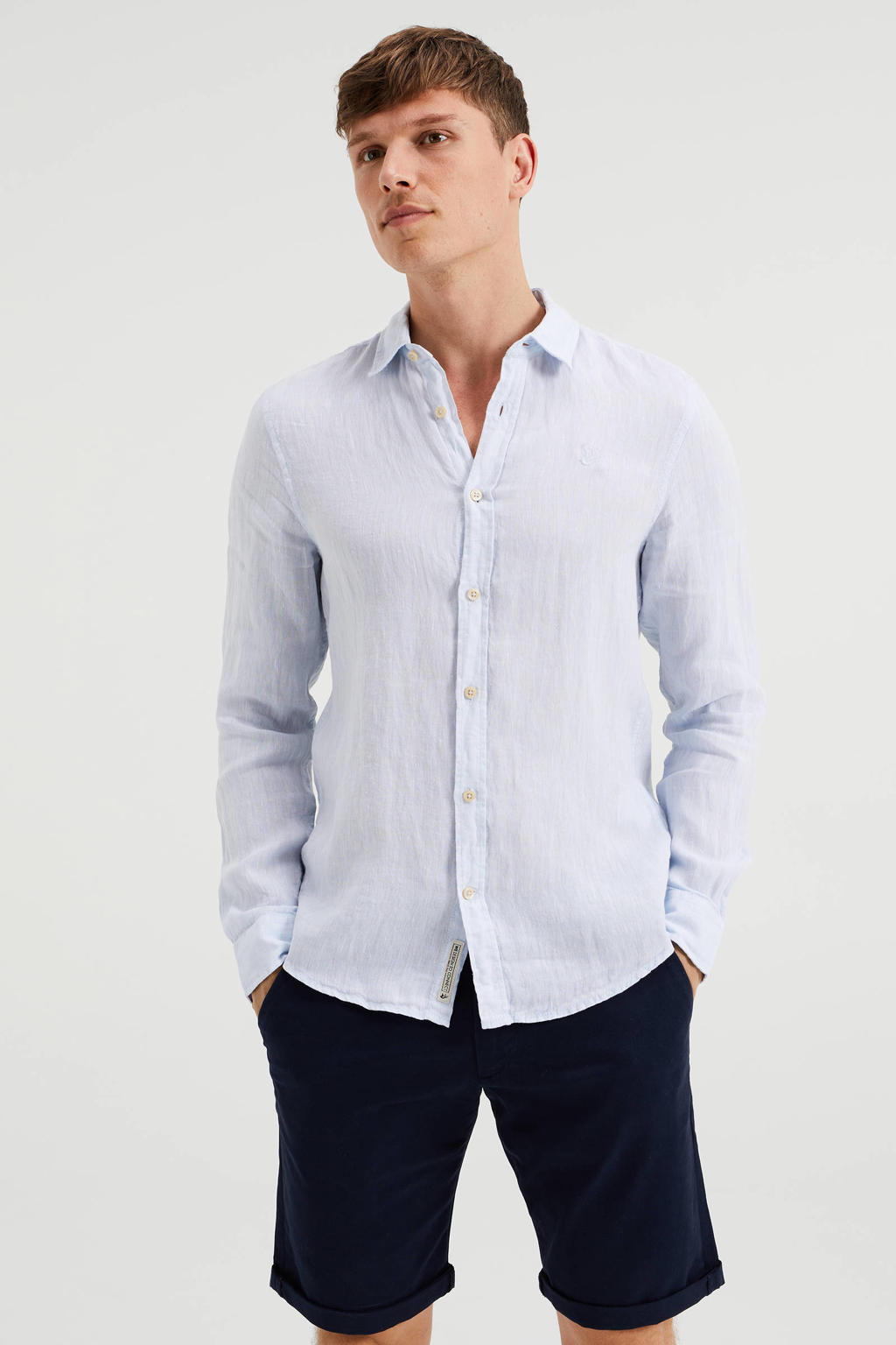 WE Fashion linnen slim fit overhemd lichtblauw