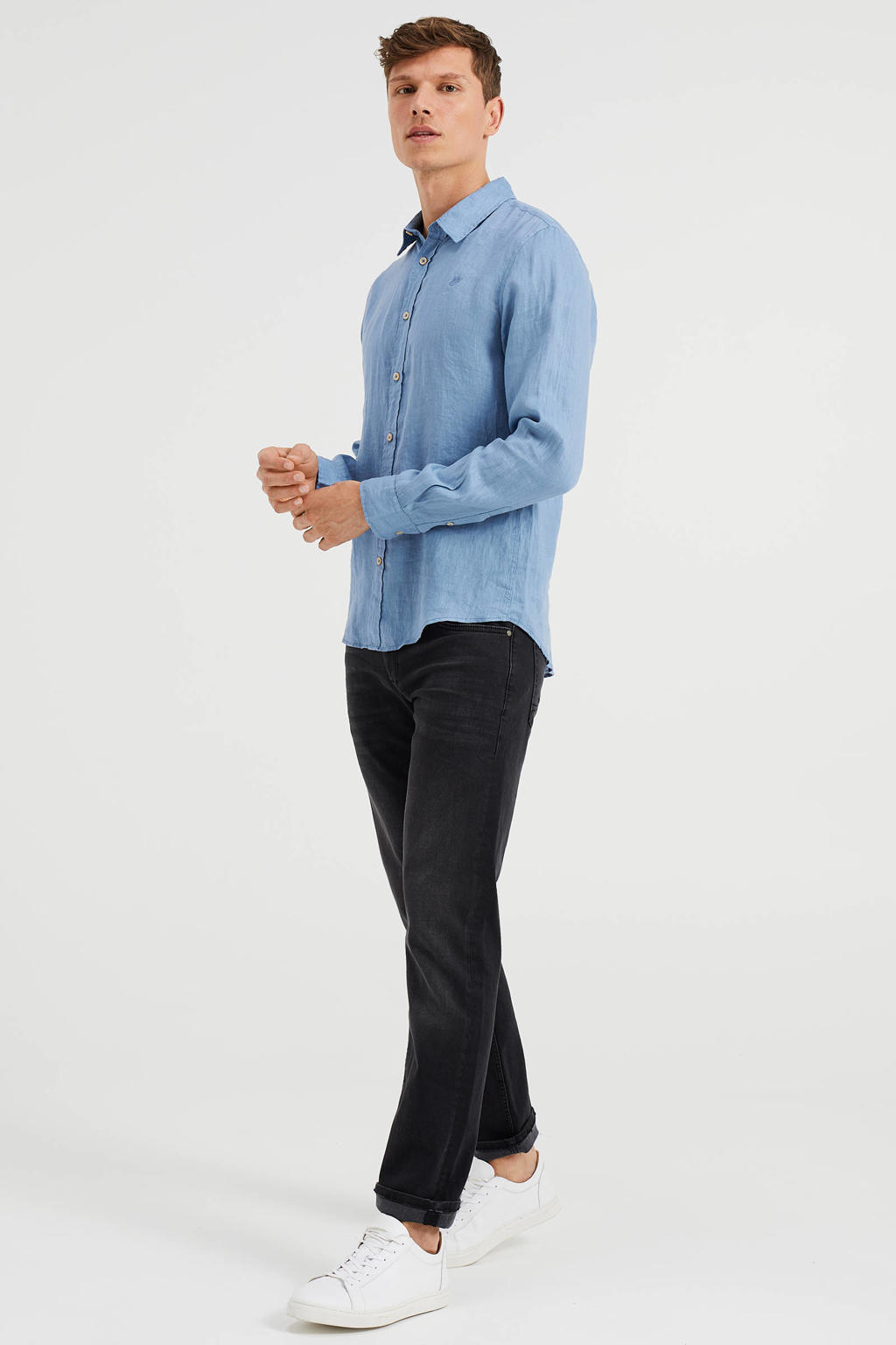 WE Fashion linnen slim fit overhemd blauw