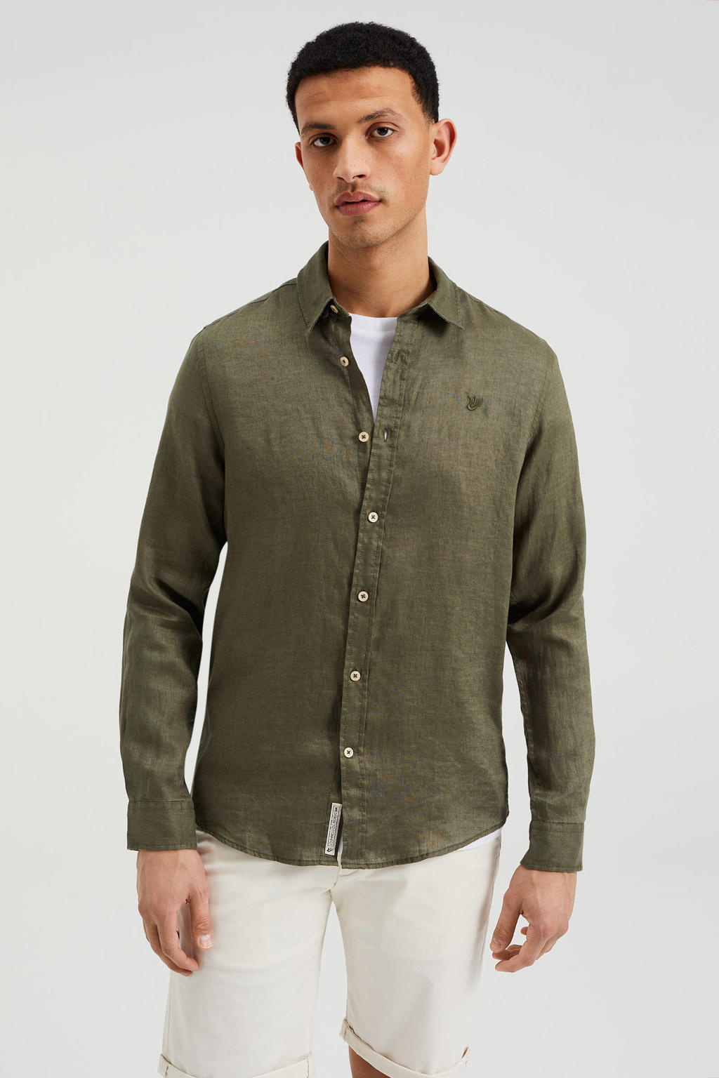 WE Fashion linnen slim fit overhemd donkergroen
