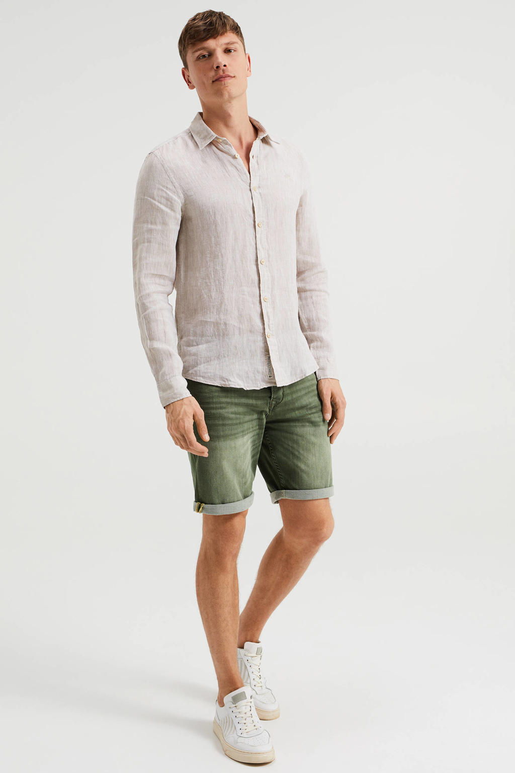 Beige heren WE Fashion linnen slim fit overhemd met lange mouwen en klassieke kraag