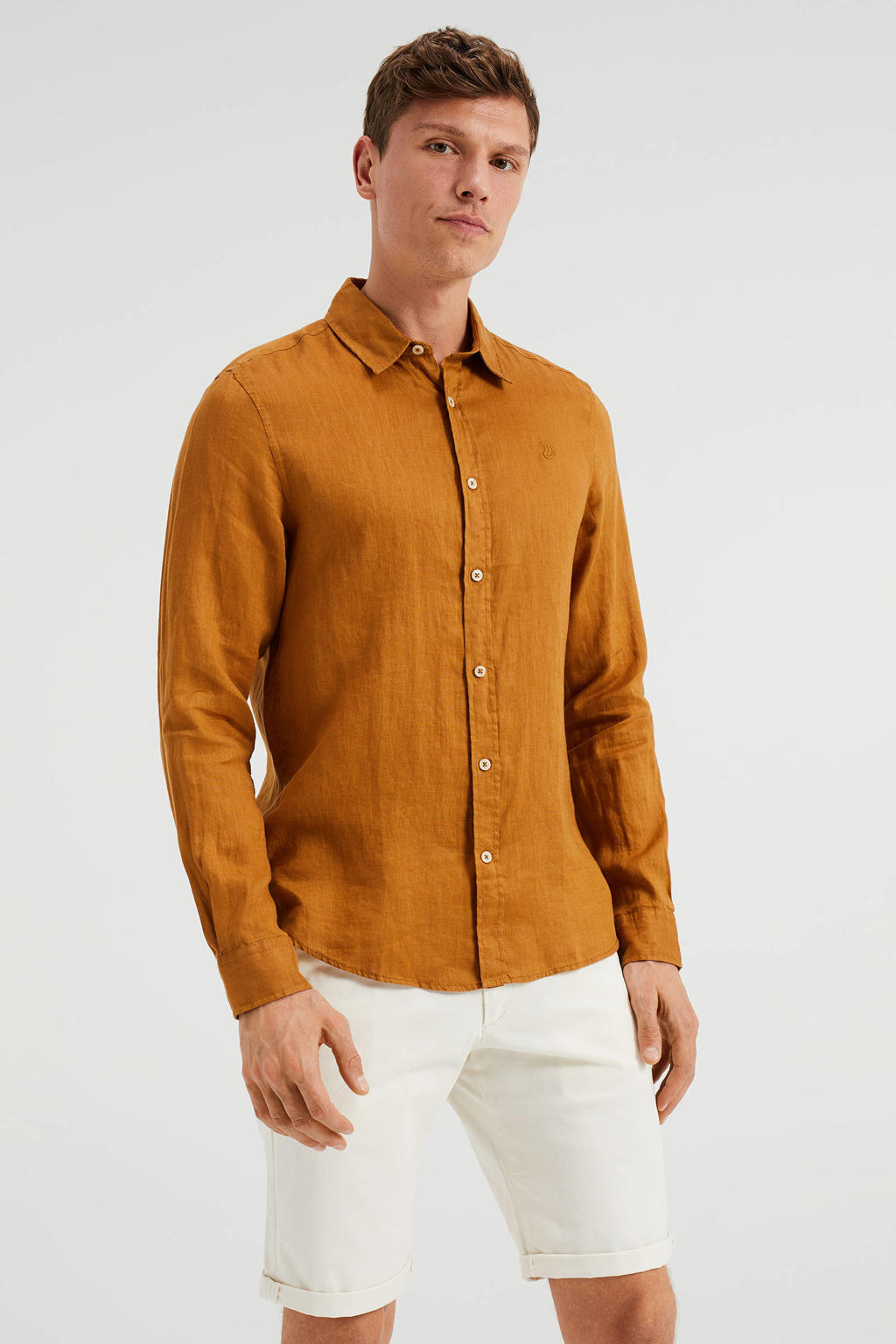 WE Fashion linnen slim fit overhemd oranje