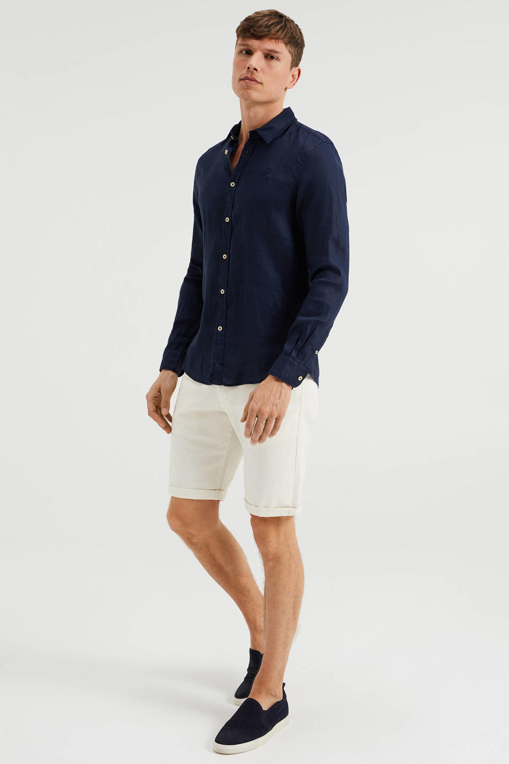 WE Fashion linnen slim fit overhemd donkerblauw