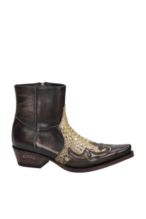 Mimo-Riding 9918 leren cowboylaarzen met slangenprint donkerbruin