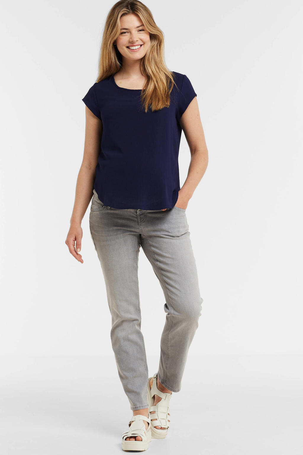 Grijze dames LOVE2WAIT mom zwangerschapsjeans Norah van stretchdenim met regular waist, rits- en knoopsluiting en effen