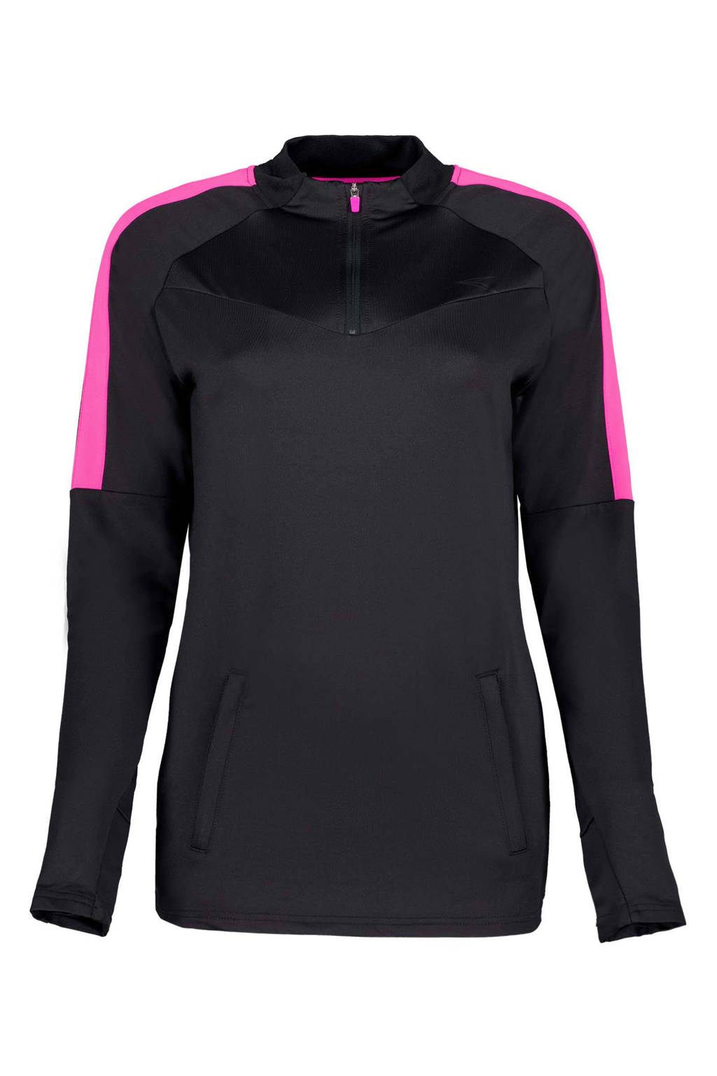 Zwart en roze dames Scapino Dutchy Pro voetbalshirt van polyester met meerkleurige print, lange mouwen, opstaande kraag en halve rits