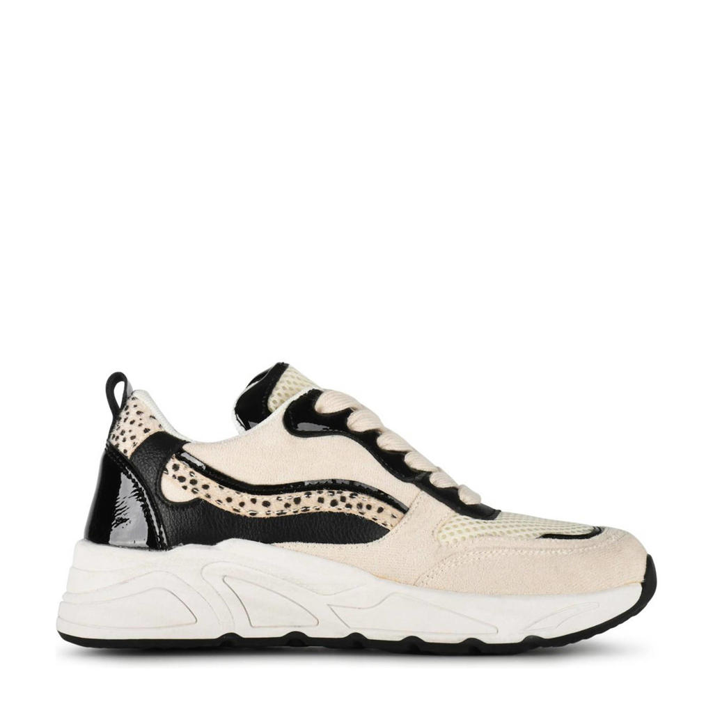 Beige en zwarte meisjes PS Poelman Carocel Kids chunky sneakers van imitatieleer met veters en dierenprint