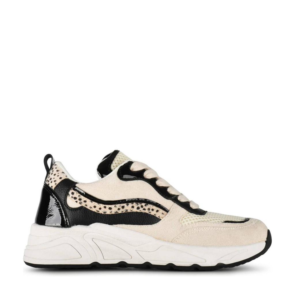 Beige en zwarte meisjes PS Poelman Carocel Tiener chunky sneakers van imitatieleer met veters en dierenprint