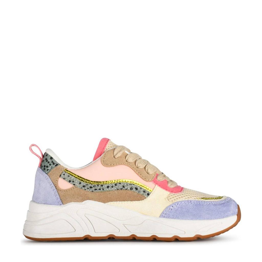 Roze en multikleurige meisjes PS Poelman Carocel Tiener chunky sneakers van imitatieleer met veters en dierenprint