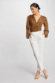 thumbnail: Camel en zwarte dames Morgan semi-transparante top van polyester met all over print, lange mouwen, V-hals en pofmouwen