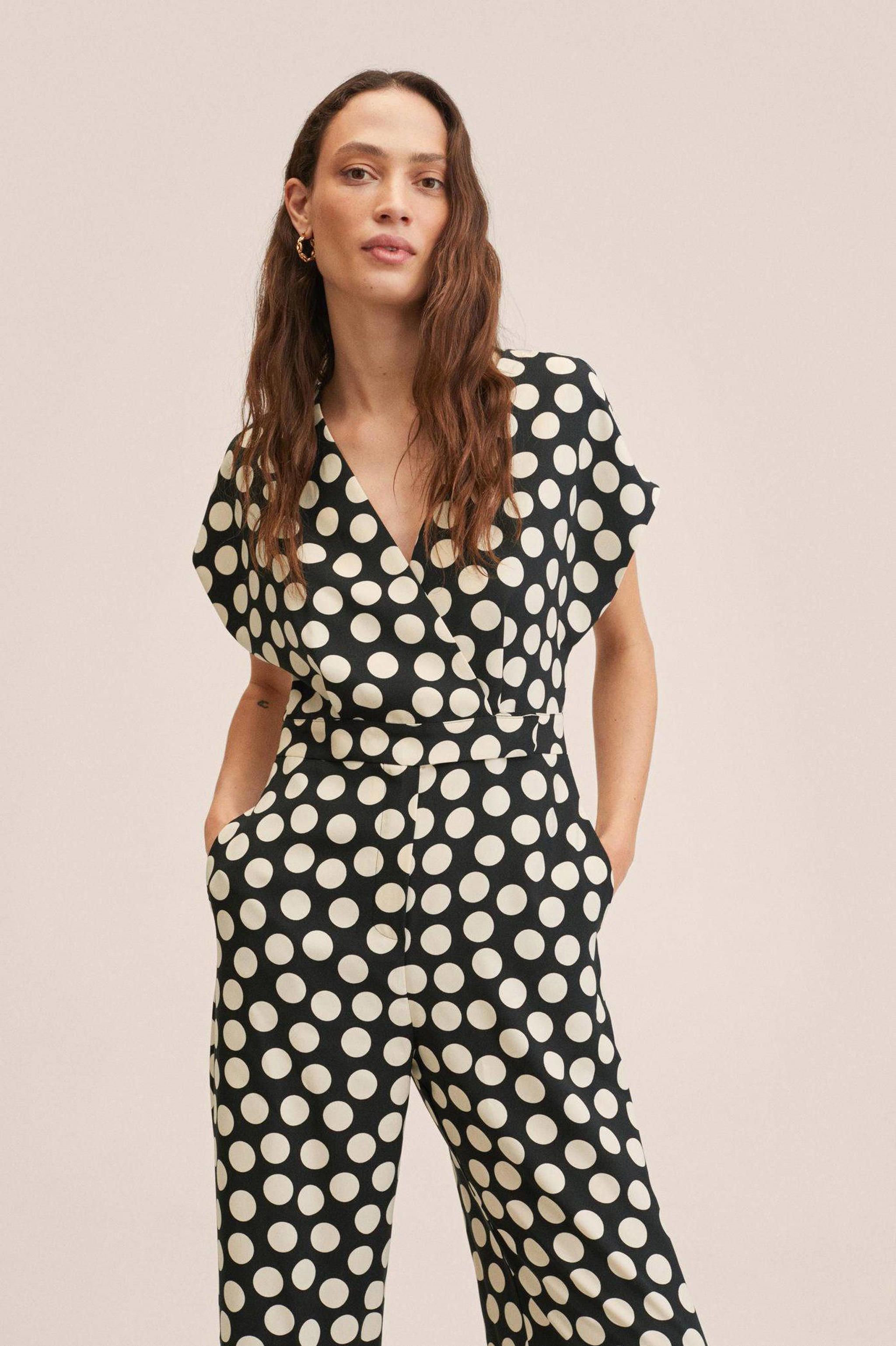 Mango jumpsuit met stippen zwart/wit wehkamp