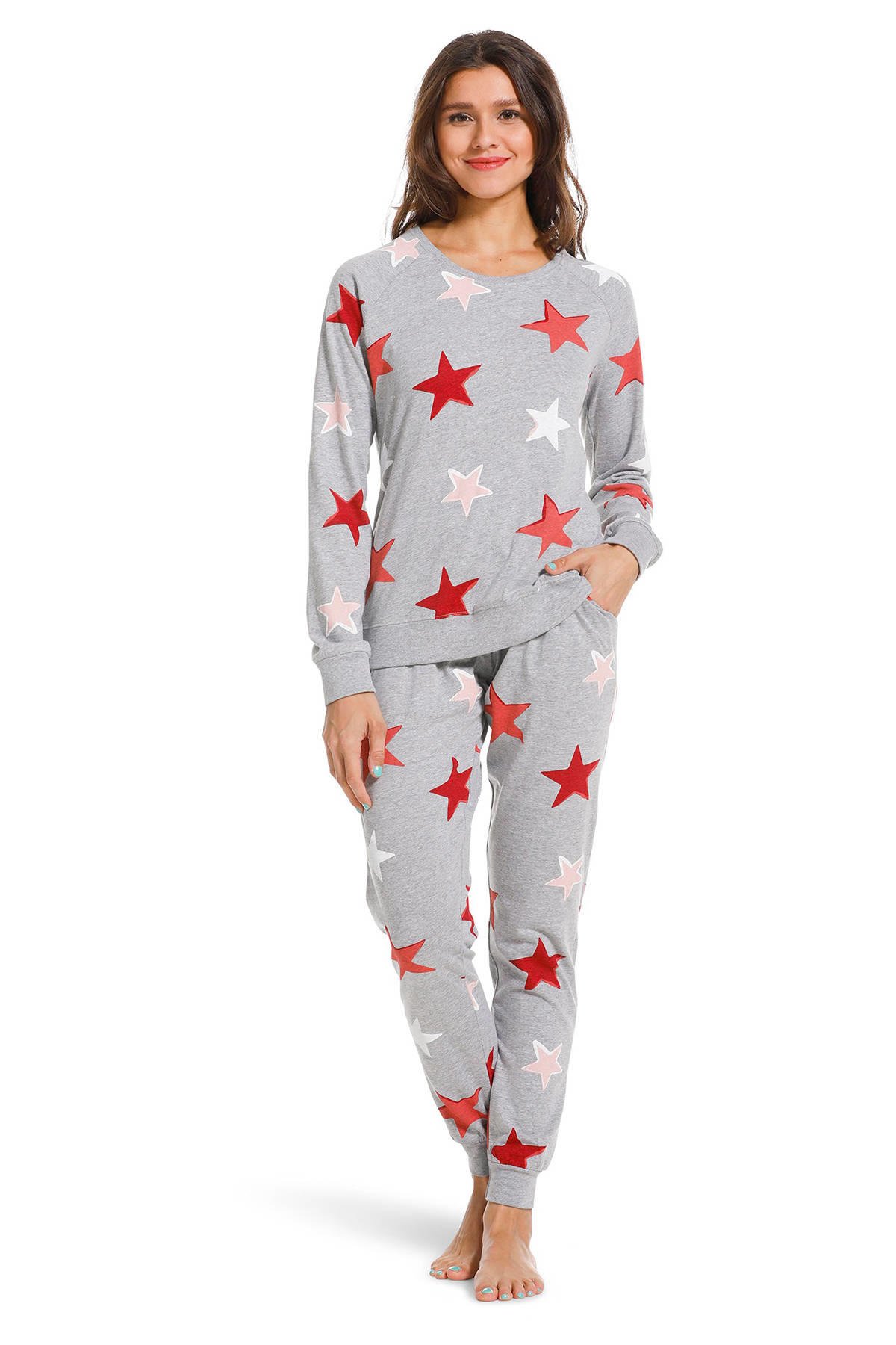 vrouw adviseren Jonge dame Rebelle pyjama met sterren grijs/rood | wehkamp