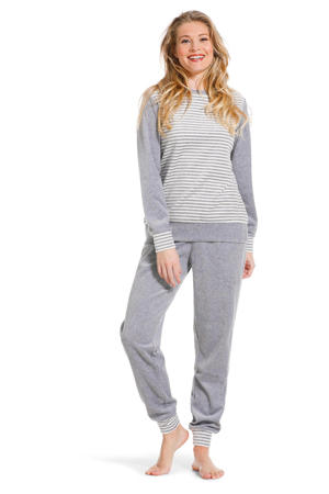 velours pyjama met strepen grijs/wit