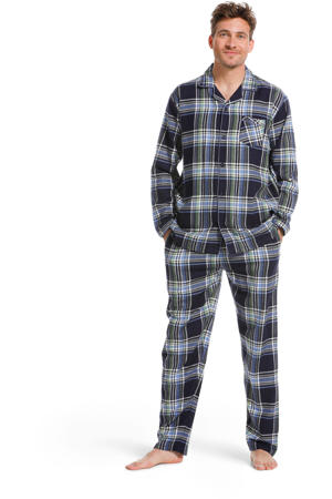geruite flanellen pyjama donkerblauw/lichtblauw