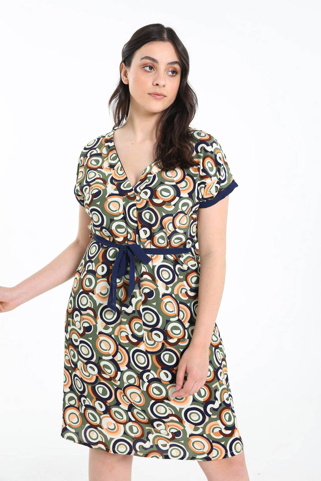 Cassis A-lijn jurk met all over print en ceintuur kaki/donkerblauw/wit/oranje
