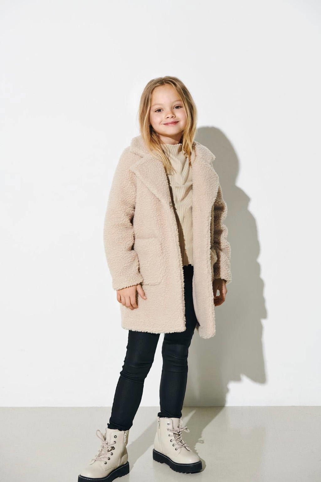 Beige meisjes KIDS ONLY GIRL teddy tussenjas met effen, lange mouwen, reverskraag en knoopsluiting