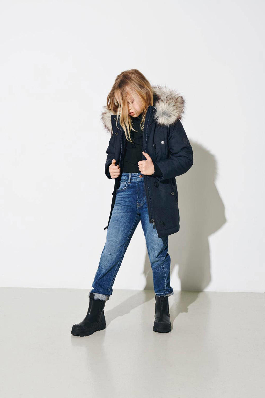 Donkerblauwe meisjes KIDS ONLY GIRL winterjas van polyester met effen, lange mouwen, capuchon, rits- en drukknoopsluiting en imitatiebontkraag