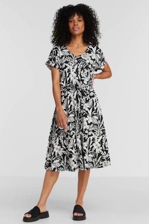 A-lijn jurk Veronica met bladprint en ceintuur zwart/gebroken wit