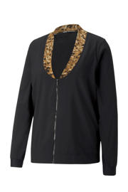 thumbnail: Zwart en bruine dames Puma sportvest Safari Glam van polyester met panterprint, lange mouwen, sjaalkraag en ritssluiting