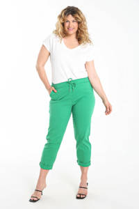 Groene dames Paprika cropped slim fit broek van katoen met regular waist en elastische tailleband met koord