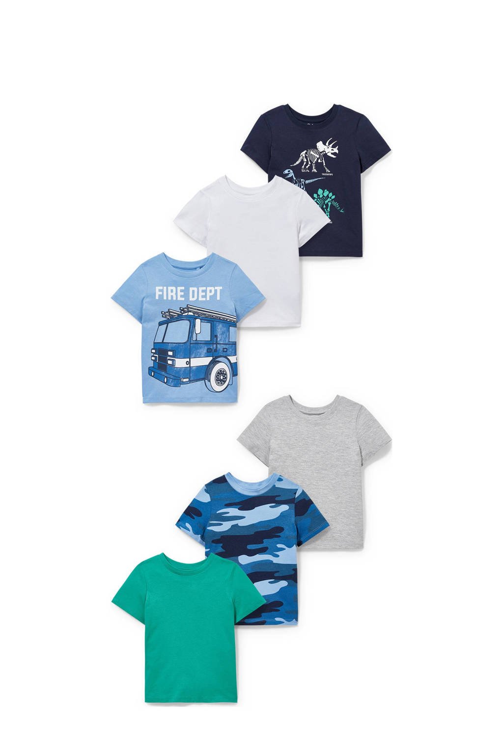 C&A T-shirt - set van 6 blauw/wit/groen