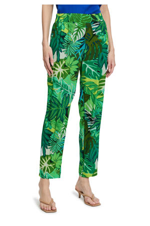 high waist regular fit broek Bella met bladprint groen/geel/blauw