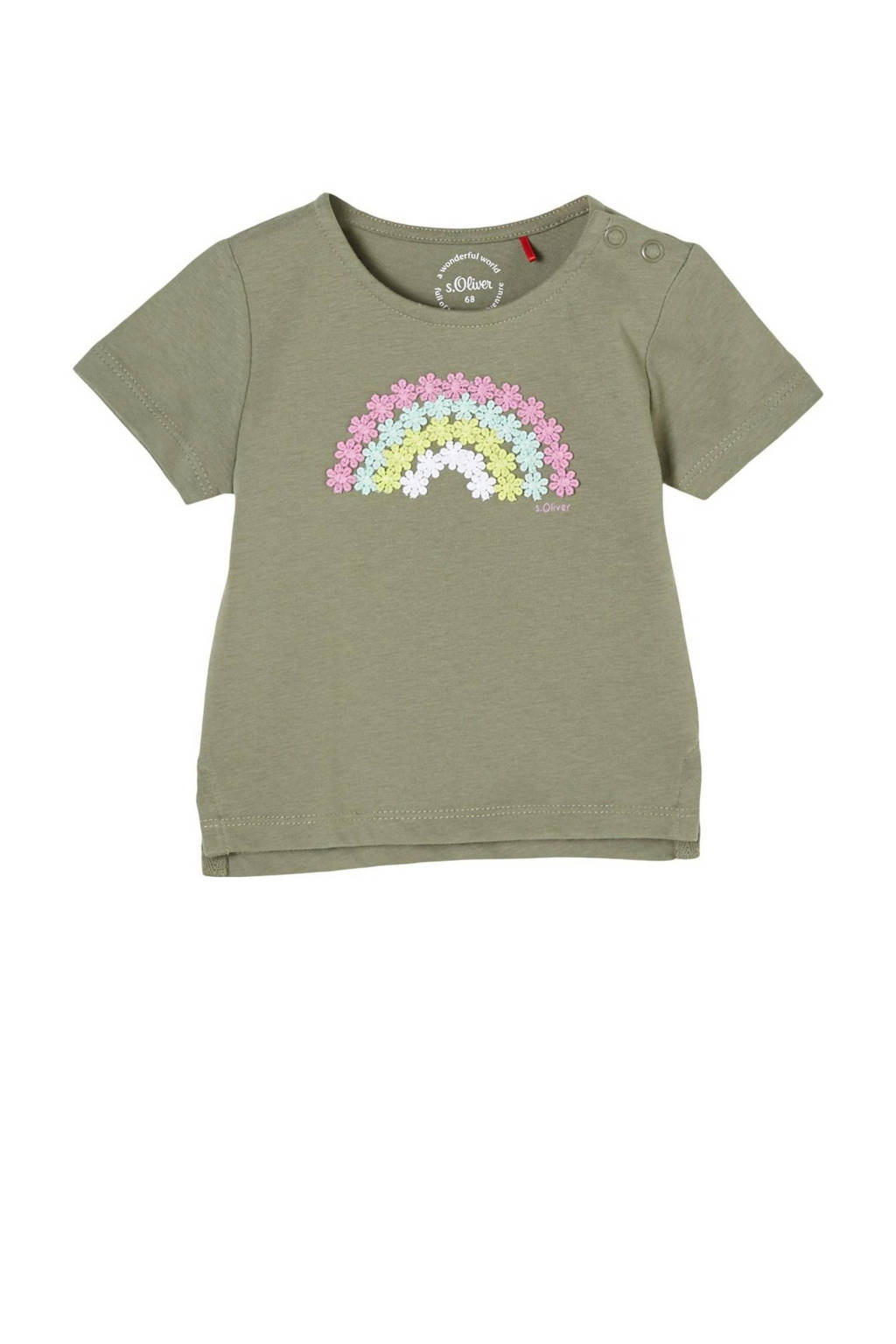 s.Oliver baby T-shirt met borduursels kaki/roze/blauw