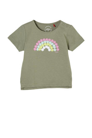 baby T-shirt met borduursels kaki/roze/blauw