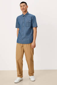 Blauwe heren s.Oliver regular fit overhemd van katoen met korte mouwen, klassieke kraag en knoopsluiting