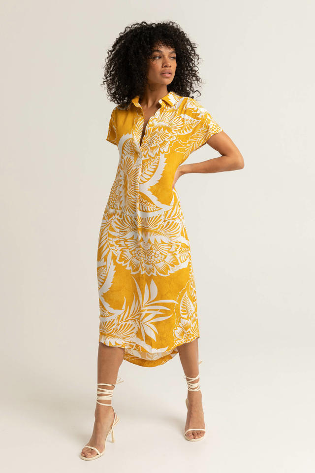 boeren ader beven Expresso jurk met bladprint en plooien geel/wit | wehkamp