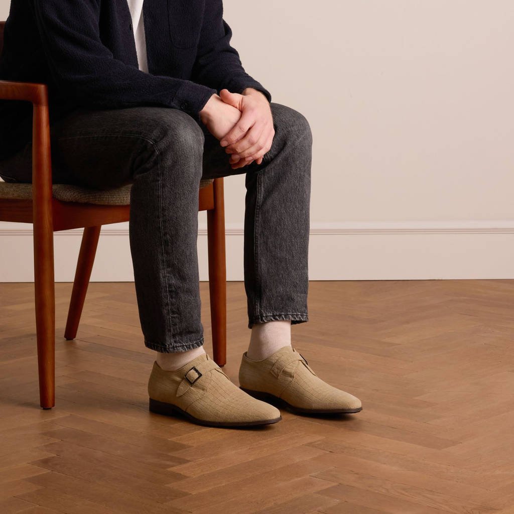 Manfield suède gespschoenen met crocoprint beige wehkamp