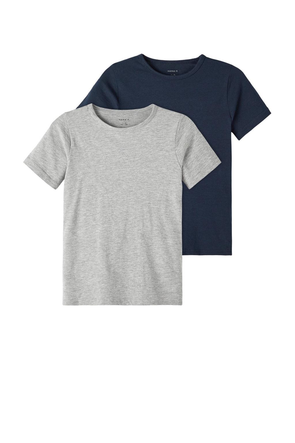 Set van 2 grijs melange, grijs en donkerblauwe jongens NAME IT KIDS T-shirt melange van stretchkatoen met korte mouwen en ronde hals