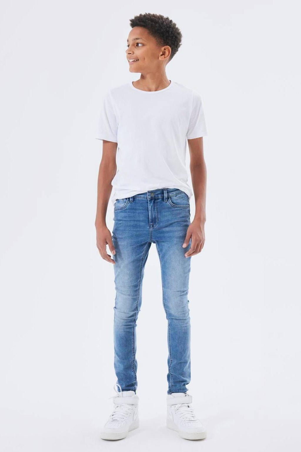 Blauwe jongens NAME IT KIDS skinny jeans van stretchdenim met regular waist, rits- en haaksluiting en effen