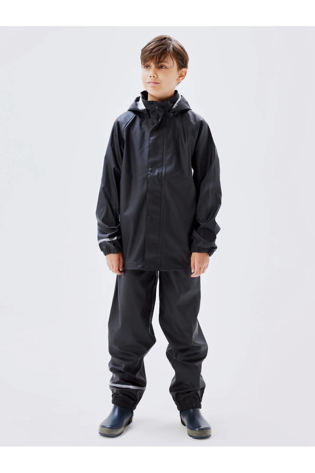 Zwarte meisjes NAME IT kids regenpak van polyester met effen, lange mouwen, capuchon en rits- en drukknoopsluiting