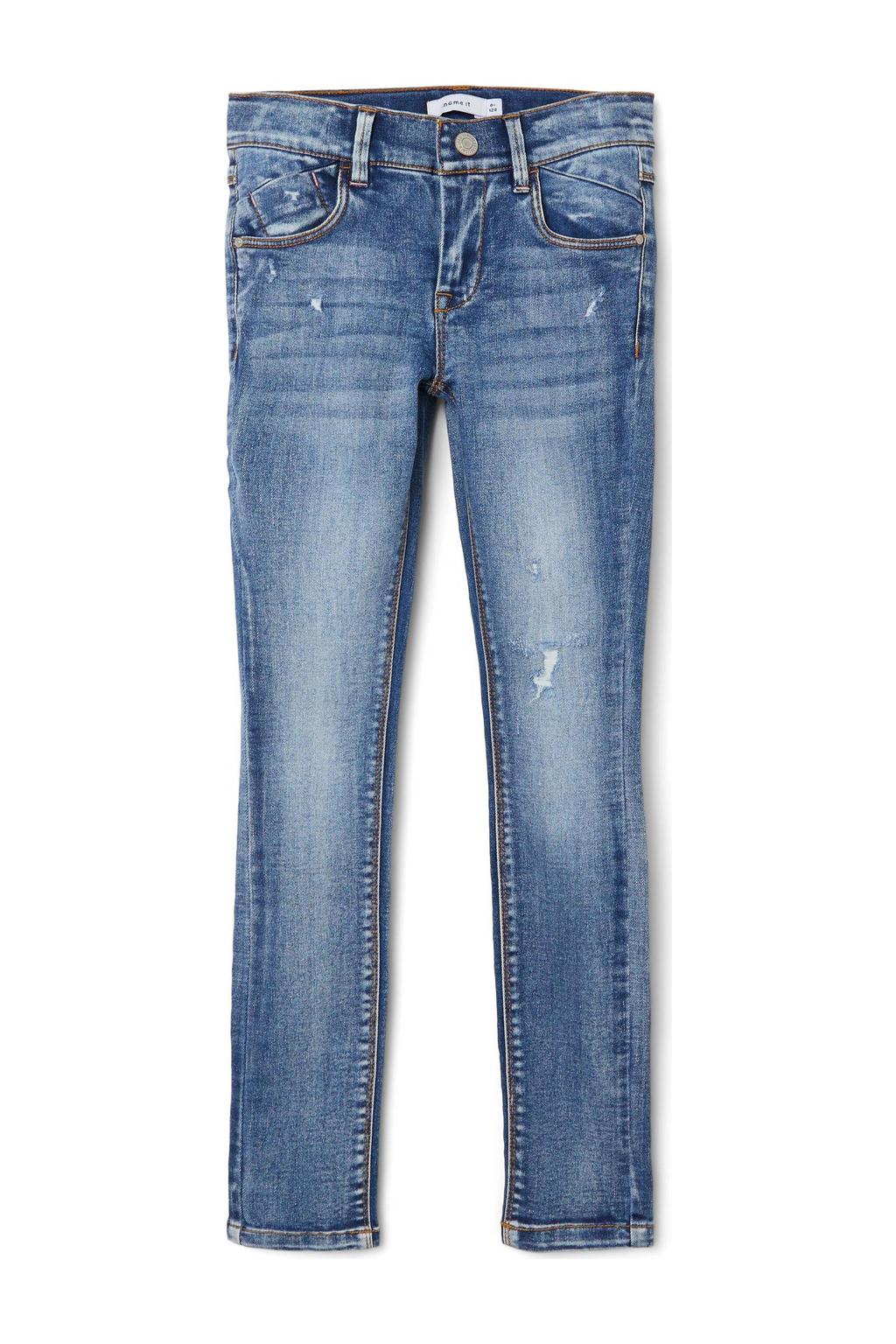 Stonewashed meisjes NAME IT KIDS skinny jeans van denim met regular waist, rits- en haaksluiting en effen