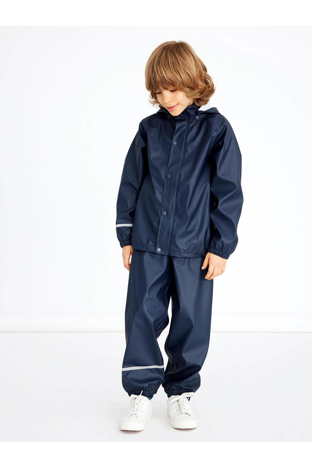Donkerblauwe jongens en meisjes NAME IT KIDS kids regenpak van polyester met lange mouwen, capuchon en rits- en drukknoopsluiting