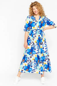 Blauw, wit en gele dames LOLALIZA gebloemde maxi A-lijn jurk van viscose met driekwart mouwen, button down sluiting en striksluiting