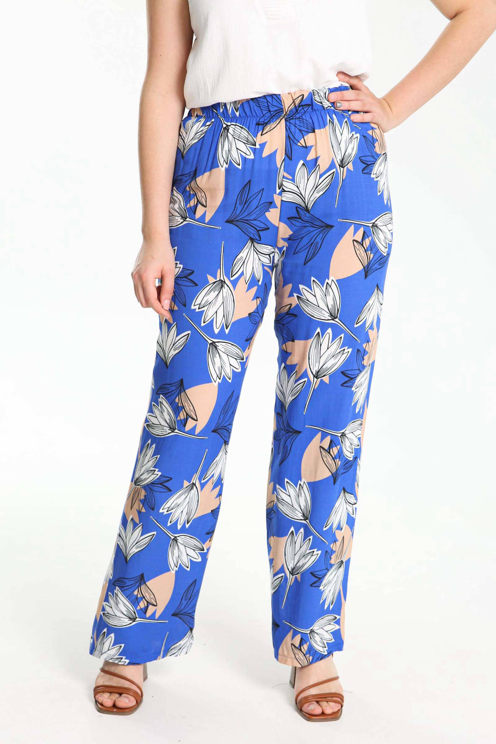 Cassis gebloemde high waist wide leg broek blauw/oranje/wit | wehkamp