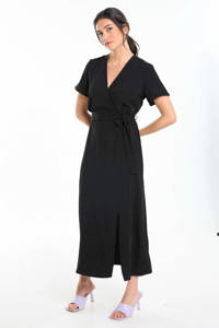 Zwarte dames Cassis jurk van polyester met korte mouwen, overslagkraag, striksluiting en ceintuur
