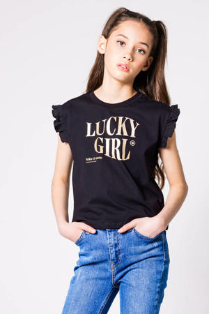 T-shirt Eva CG met tekst en ruches zwart/goud