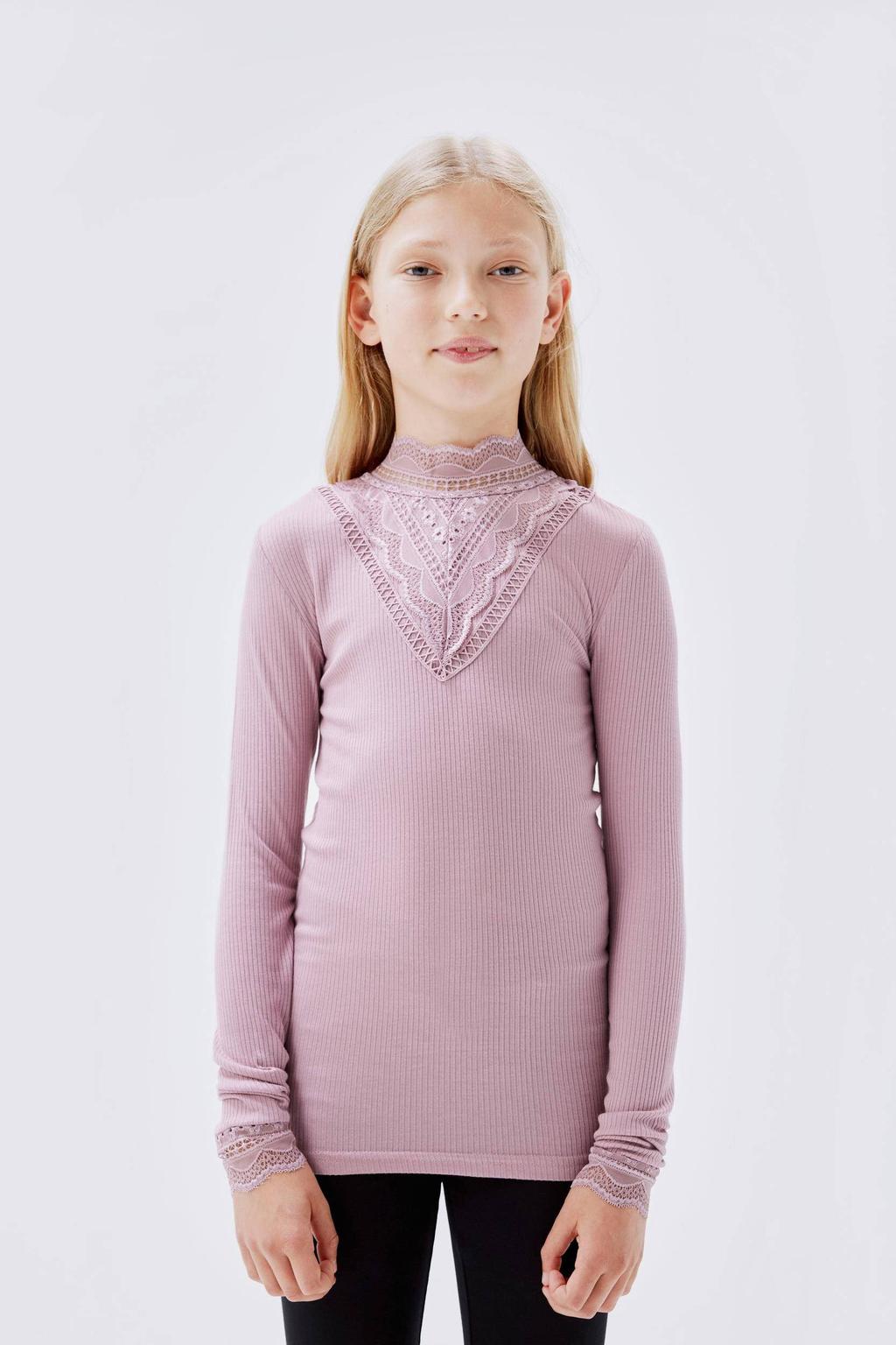 NAME IT KIDS ribgebreide top NKFNURI met kant oudroze