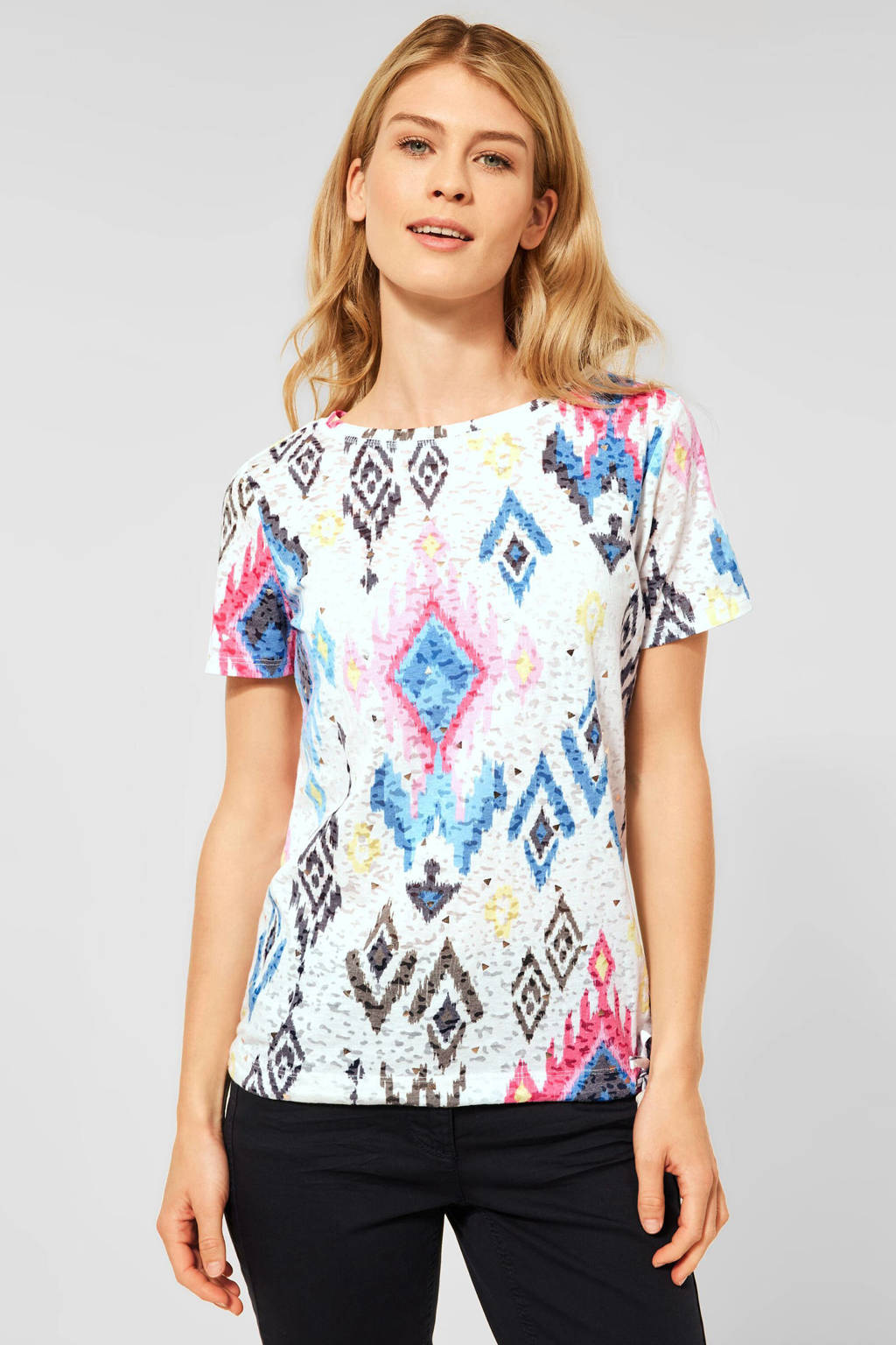 CECIL T-shirt met all over print wit/blauw/roze