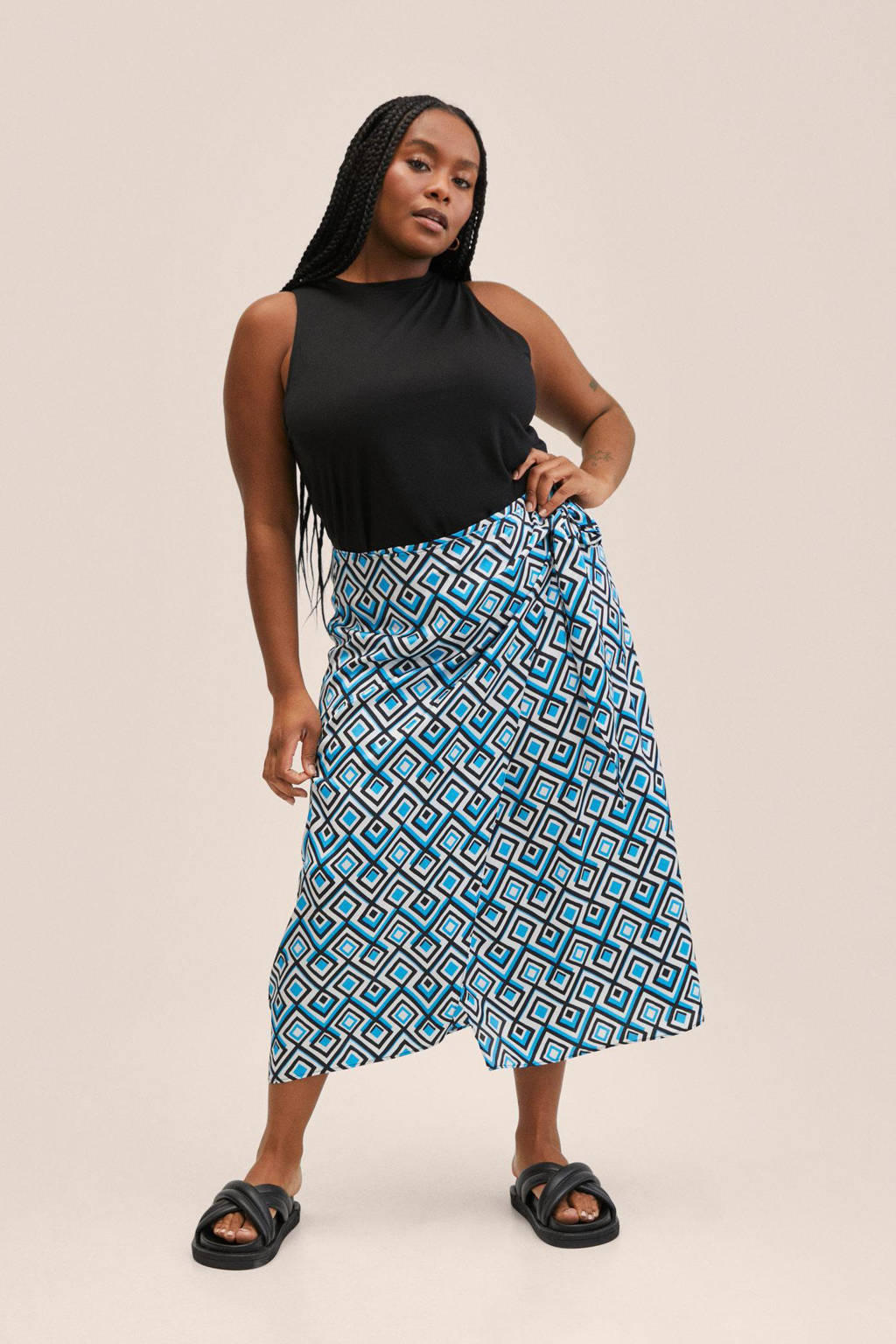 Blauw en witte dames Mango rok met grafische print gemaakt van polyester en met striksluiting