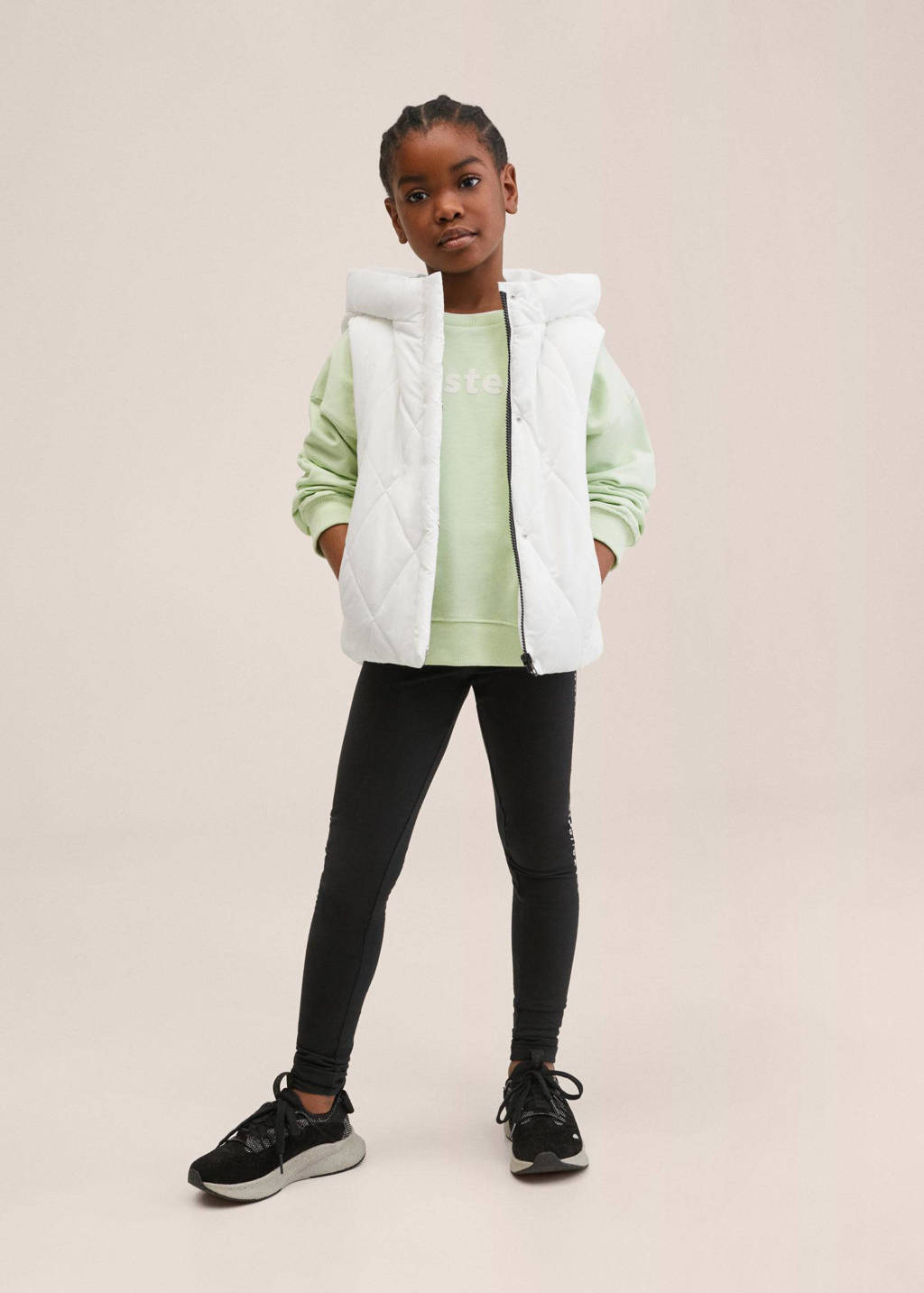 Witte meisjes Mango Kids bodywarmer van polyester met capuchon, ritssluiting en doorgestikte details