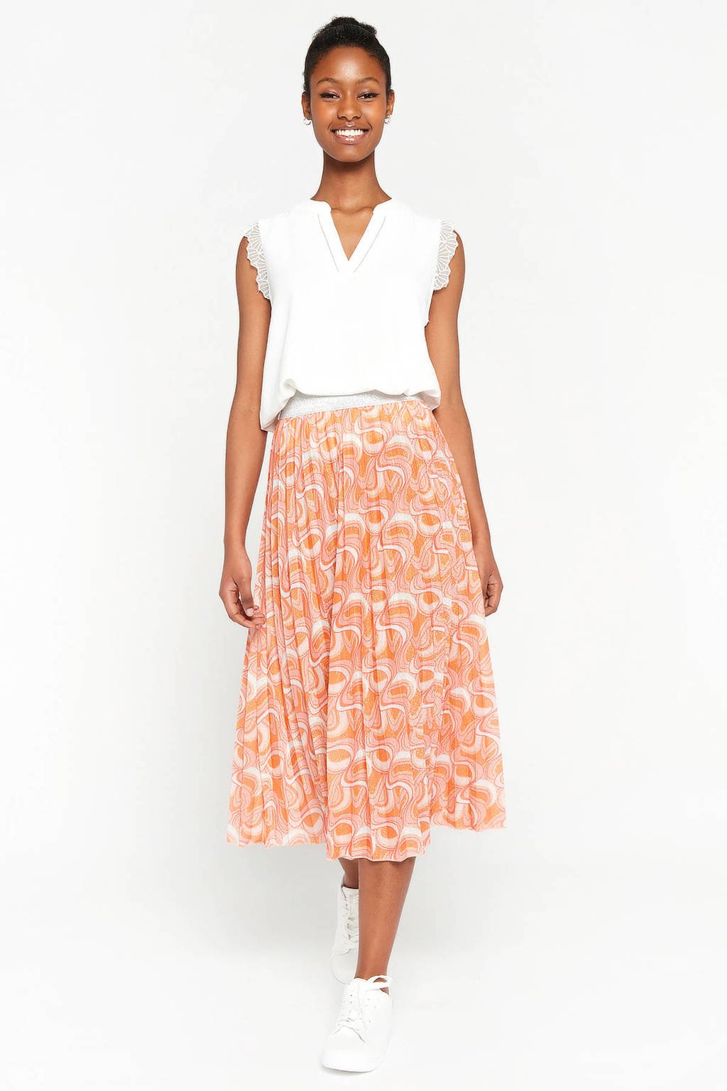 Oranje, roze en witte dames LOLALIZA rok met grafische print gemaakt van polyester en met elastische tailleband